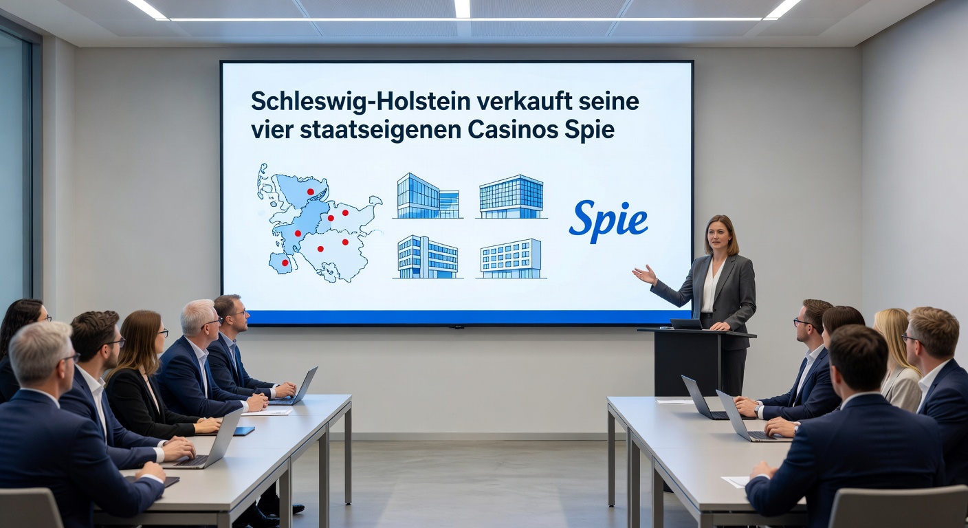 Innenansicht einer belebten Spielbank in Schleswig-Holstein mit Spielern an Tischen und Slots, vor dem Hintergrund des Verkaufsplans