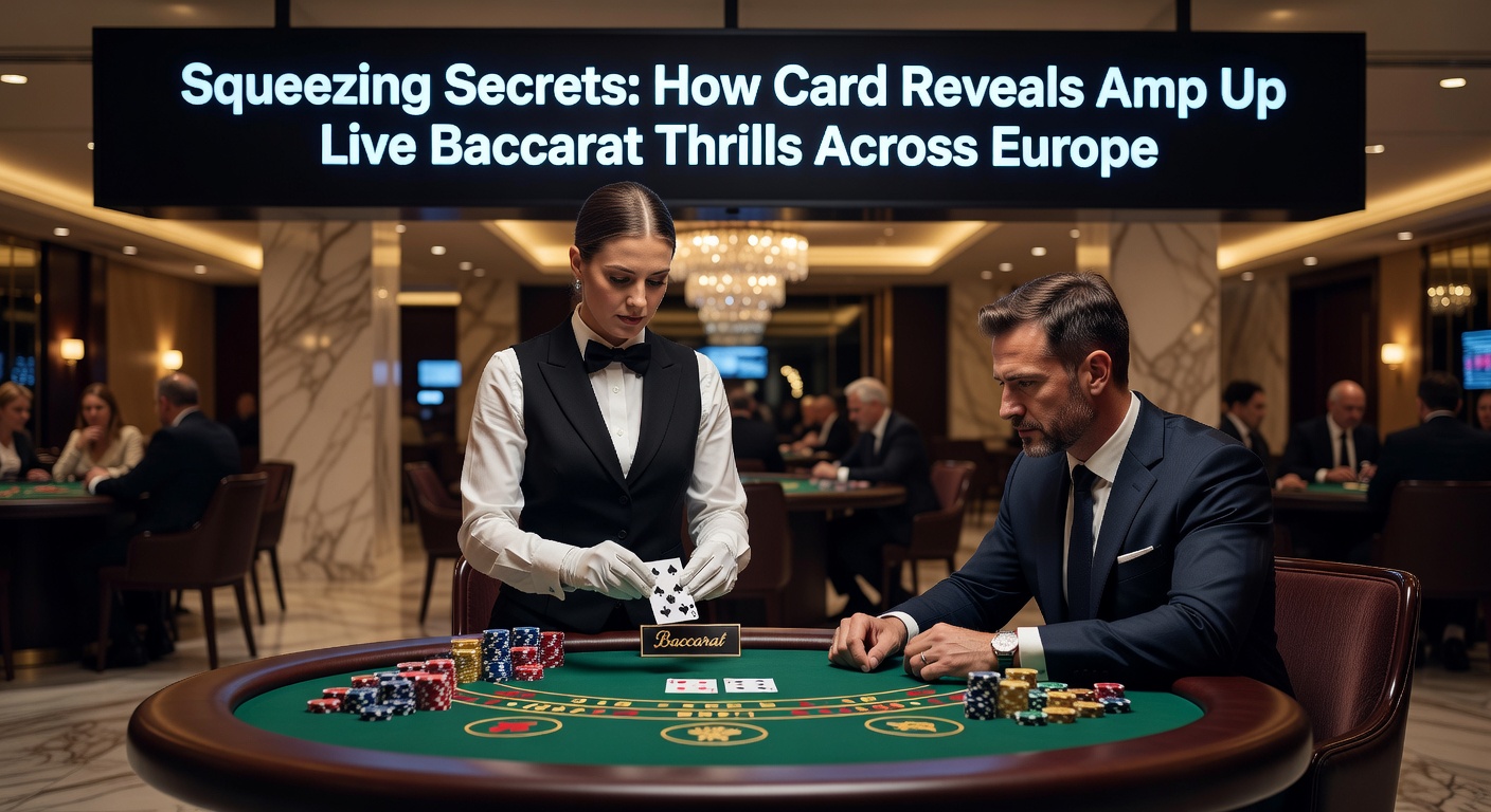 Spieler beim langsamen Auspressen einer Baccarat-Karte in einem Live-Casino, umgeben von angespannten Zuschauern und gedimmtem Licht